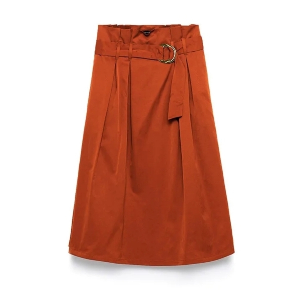 Orange Zara Skirt - Midi-length, Pleated Waistline with  Belt